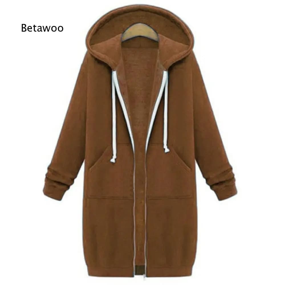 Long Zip Hooded Sweat Jacket For Women Drawstring Long Sleeve Outerwear With Side Pockets For Cold Season Daily Matching