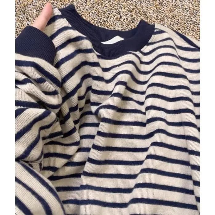 Spring Autumn Striped Crew Neck Long Sleeve Sweatshirt Women's Loose Casual