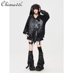 Japanese Subculture Retro Washed Old Street Style Hooded Loose Coat Autumn New Cool Girl Long-sleeved Women's Sweatshirt