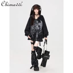 Japanese Subculture Retro Washed Old Street Style Hooded Loose Coat Autumn New Cool Girl Long-sleeved Women's Sweatshirt