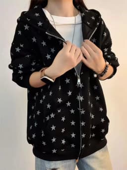 Women's Star Print Hooded Sweatshirt American Style Fashion Loose Long Sleeve Zippers Coat High Street Casual Versatile Hoodies