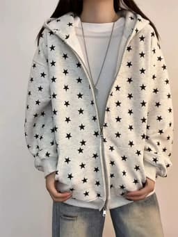 Women's Star Print Hooded Sweatshirt American Style Fashion Loose Long Sleeve Zippers Coat High Street Casual Versatile Hoodies