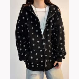 Women's Star Print Hooded Sweatshirt American Style Fashion Loose Long Sleeve Zippers Coat High Street Casual Versatile Hoodies