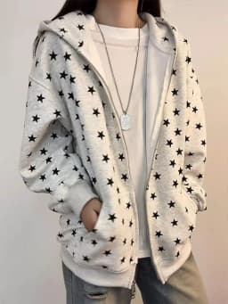 Women's Star Print Hooded Sweatshirt American Style Fashion Loose Long Sleeve Zippers Coat High Street Casual Versatile Hoodies