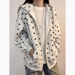 Women's Star Print Hooded Sweatshirt American Style Fashion Loose Long Sleeve Zippers Coat High Street Casual Versatile Hoodies