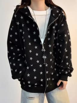 Women's Star Print Hooded Sweatshirt American Style Fashion Loose Long Sleeve Zippers Coat High Street Casual Versatile Hoodies