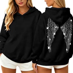 Womens Y2K Angel Wing Hoodie Sparkling Rhinestone Long Sleeve Pullover Oversized Sweatshirt Tops Autumn Casual Plain Hoodies