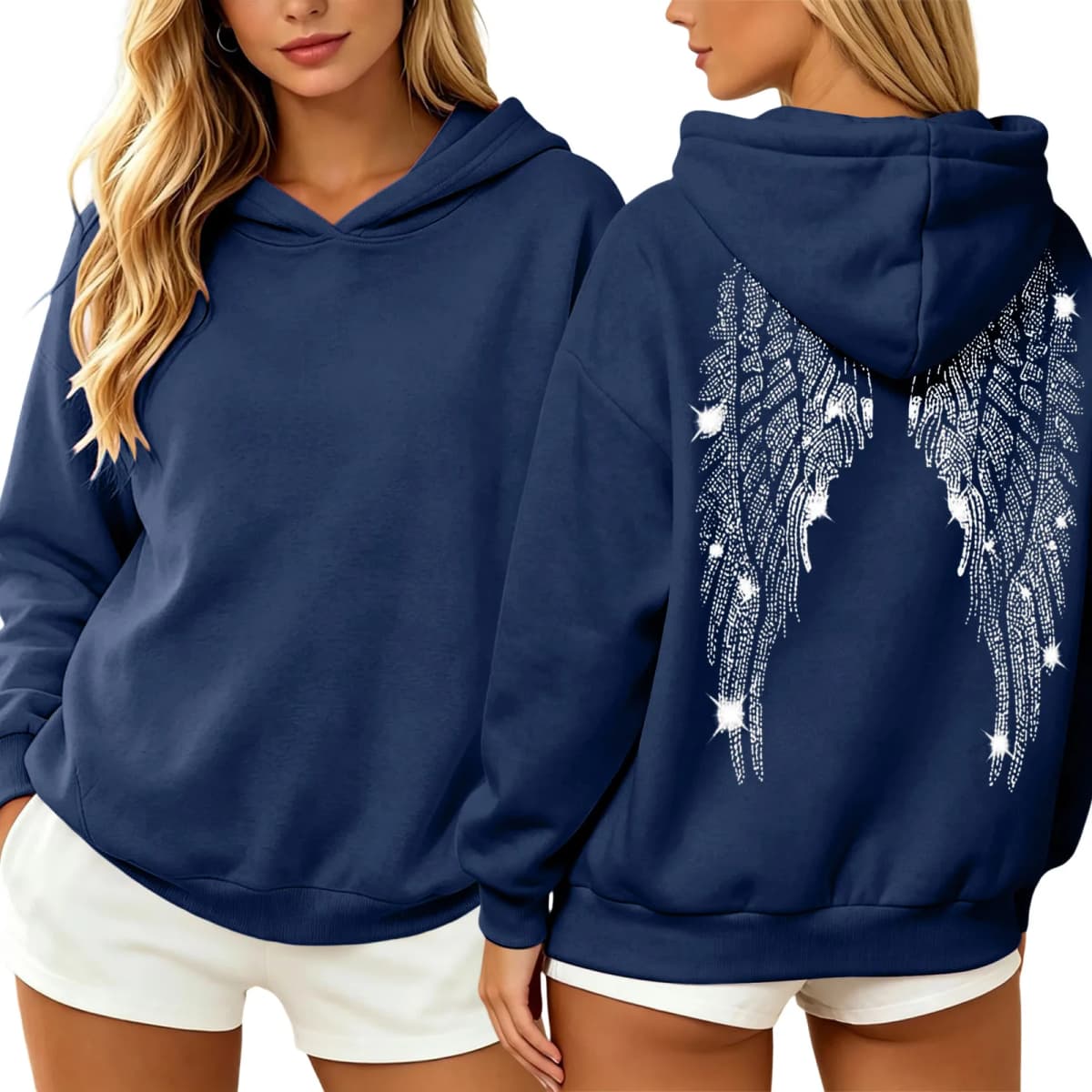 Womens Y2K Angel Wing Hoodie Sparkling Rhinestone Long Sleeve Pullover Oversized Sweatshirt Tops Autumn Casual Plain Hoodies