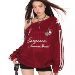 American Style Long Sleeve Shoulder Bared Hoodie Women's Sporty Chic Slimming Trendy Top Casual Polyester Blend Streetwear