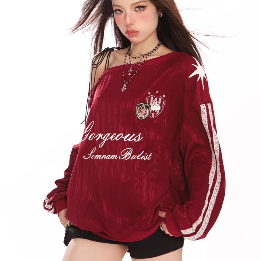 American Style Long Sleeve Shoulder Bared Hoodie Women's Sporty Chic Slimming Trendy Top Casual Polyester Blend Streetwear