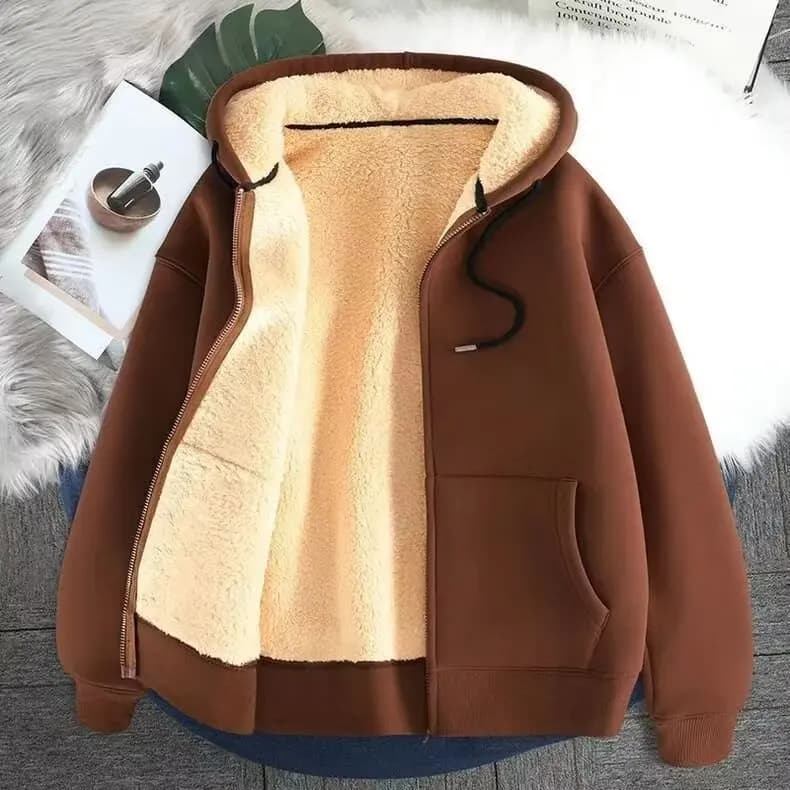Ladies Large Size American Style Lamb Velvet Hoodie Zipper Cardigan Outerwear Autumn Winter Thickened Long Sleeve Casual Wear
