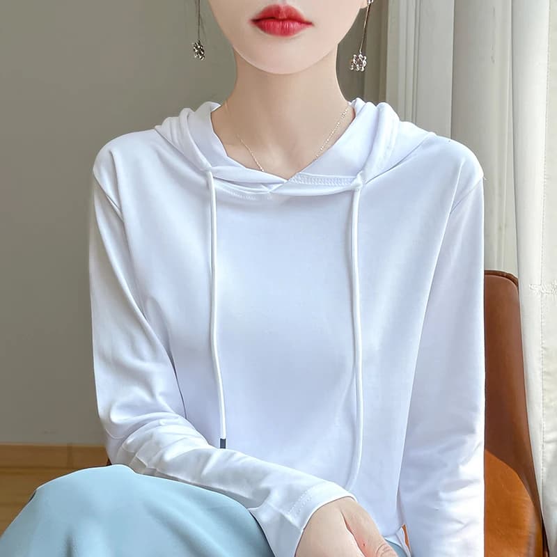 Spring Summer 100% Mercerized Cotton Hoodie Women Loose Straight Tops Simple Casual sweatshirt For Minimalist 2025