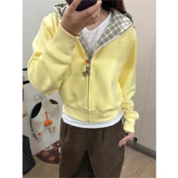 Retro American Yellow Plaid Hoodie Women's Spring Autumn Thin Loose Cardigan Short Outerwear Comfortable Cotton Warmth