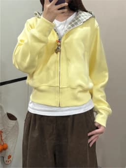 Retro American Yellow Plaid Hoodie Women's Spring Autumn Thin Loose Cardigan Short Outerwear Comfortable Cotton Warmth