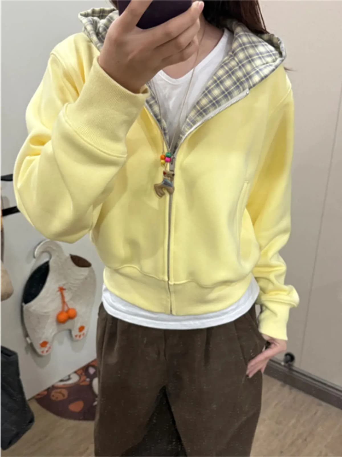 Retro American Yellow Plaid Hoodie Women's Spring Autumn Thin Loose Cardigan Short Outerwear Comfortable Cotton Warmth