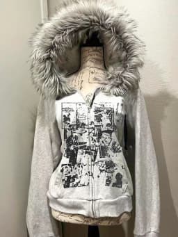 Grey Faux Fur Wool Double Zipper Jacket Hoodies Women's Slim Waist Hooded Vintage Y2k Coats Ropa Mujer Casual Fashion Sweatshirt