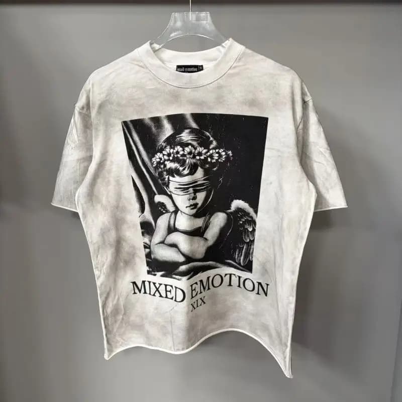 Mixed Emotion Street-Mounted Masked Angel Print Vintage Distressed Loose Short-Sleeved Men's and Women's T-Shirt