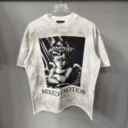 Mixed Emotion Street-Mounted Masked Angel Print Vintage Distressed Loose Short-Sleeved Men's and Women's T-Shirt