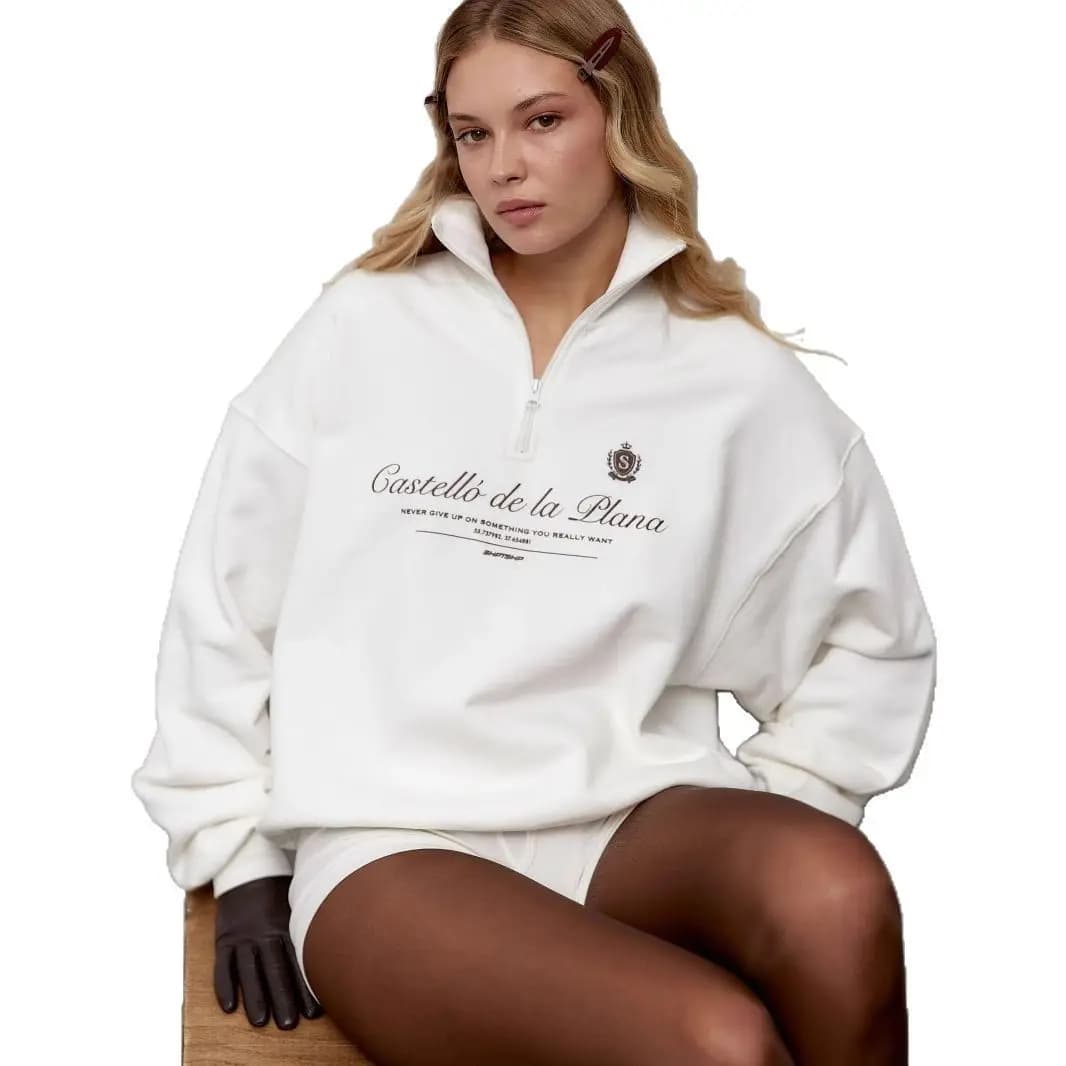 American Preppy-style Retro Letter Printed Sweatshirts Half Zip Turn-down Collar Lapel Shirts White Wine Red Leisure Young Women