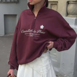 American Preppy-style Retro Letter Printed Sweatshirts Half Zip Turn-down Collar Lapel Shirts White Wine Red Leisure Young Women