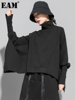 [EAM] Loose Fit Black Asymmetrical Big Size Sweatshirt New Turtleneck Long Sleeve Women Big Size Fashion Tide Spring 2026 OA869