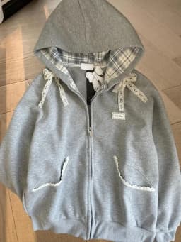 Korean Style Gray Lace Patchwork Hoodies Women Cute Bow Long Sleeve Sweatshirt Japan Sweet Loose Long Sleeve Female Outwear
