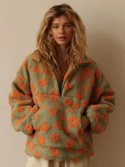 Wolfeel New Autumn Winter Women's Sherpa Floral Pullover Hoodies Half Zip Style Loose Fit Warm Stylish Sweatshirt