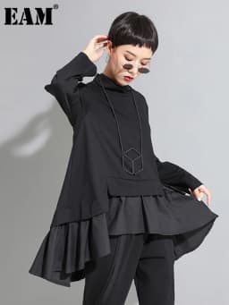 [EAM] Loose Fit Asymmetrical Ruffles Sweatshirt New High Collar Long Sleeve Women Big Size Fashion Tide Spring Autumn 2026 1A529