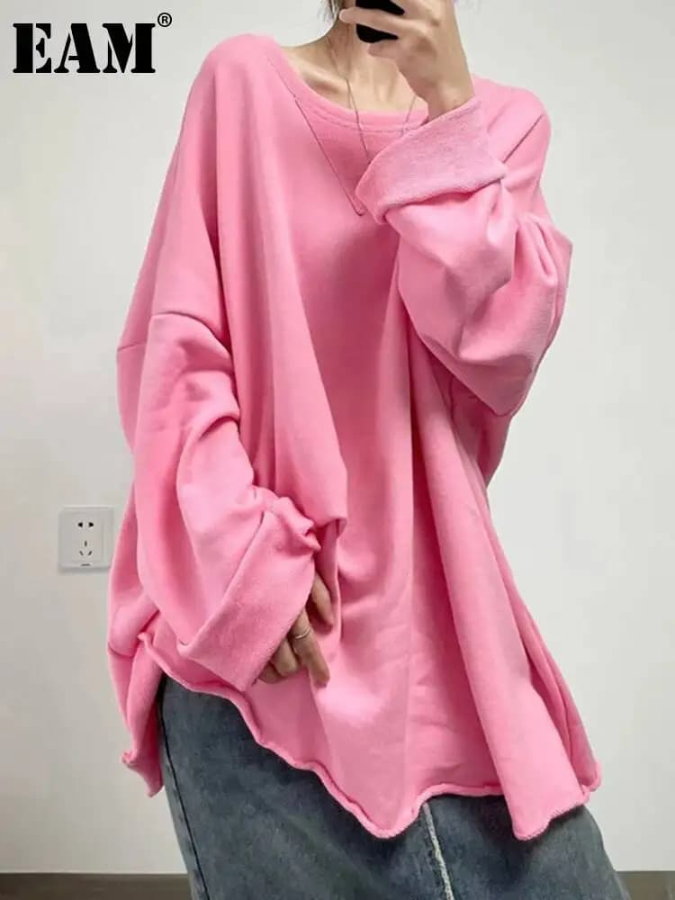 EAM Gray Brief Shaped Long Sweatshirt New Round Neck Long Sleeve Women Big Size Fashion Tide Autumn 2026 30A2866