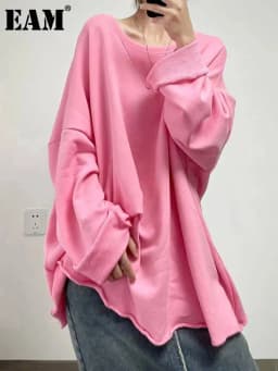 EAM Gray Brief Shaped Long Sweatshirt New Round Neck Long Sleeve Women Big Size Fashion Tide Autumn 2026 30A2866