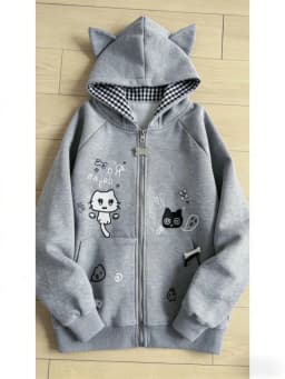 Japanese Harajuku Kawaii Long Sleeve Hoodie Women Cat Ears Sweet Sweatshirt Lace Striped Zipper Casual Cartoon 2025 Autumn