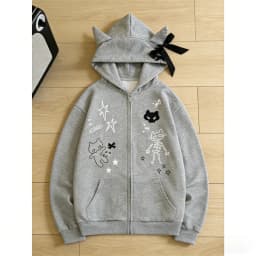 Japanese Harajuku Kawaii Long Sleeve Hoodie Women Cat Ears Sweet Sweatshirt Lace Striped Zipper Casual Cartoon 2025 Autumn