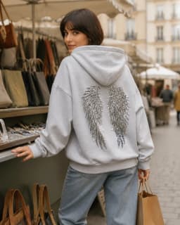 Y2K Style Women Sweatshirt Set Sequins Angel's Wings Hoodies Fold Waist Low‑Rise Casual Bootcut Trousers Yoga Pant Set