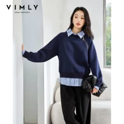 VIMLY Women's Sweatshirt Spliced Fake‑two‑piece 2026 Autumn Preppy‑style Pullover Casual Loose-fit Long Sleeve Tops Ladies M8359