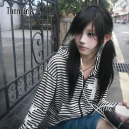 Tonngirls Y2k Aesthetic Women Zip Up Hoodie Long Sleeve American Retro Print Striped Sweatshirt Casual Streetwear Hooded Coat
