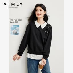 VIMLY Black Sweatshirt Women 2026 Autumn New Fake Two‑piece Beaded Embroidered Lapel Pullover Fashion Elegant Top Ladies A7612