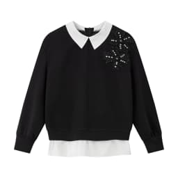 VIMLY Black Sweatshirt Women 2026 Autumn New Fake Two‑piece Beaded Embroidered Lapel Pullover Fashion Elegant Top Ladies A7612
