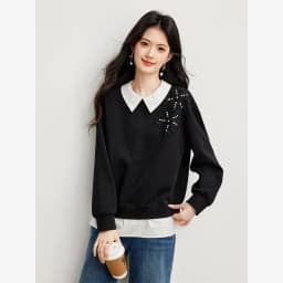 VIMLY Black Sweatshirt Women 2026 Autumn New Fake Two‑piece Beaded Embroidered Lapel Pullover Fashion Elegant Top Ladies A7612