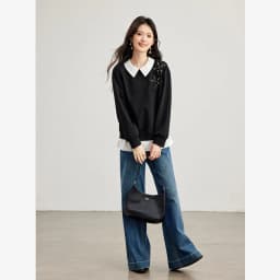 VIMLY Black Sweatshirt Women 2026 Autumn New Fake Two‑piece Beaded Embroidered Lapel Pullover Fashion Elegant Top Ladies A7612