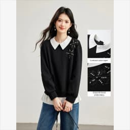 VIMLY Black Sweatshirt Women 2026 Autumn New Fake Two‑piece Beaded Embroidered Lapel Pullover Fashion Elegant Top Ladies A7612