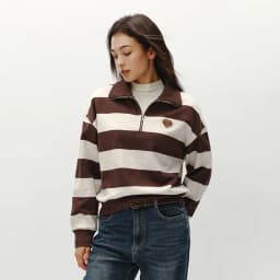 Semir Hoodie Women Winter Half-Zip Stand Collar Puppy Print Oversize Striped Fleece Pullover Layering Retro Warm Casual
