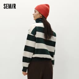 Semir Hoodie Women Winter Half-Zip Stand Collar Puppy Print Oversize Striped Fleece Pullover Layering Retro Warm Casual