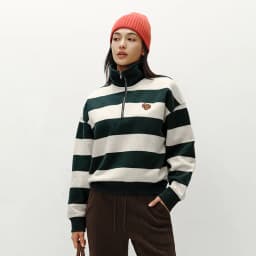 Semir Hoodie Women Winter Half-Zip Stand Collar Puppy Print Oversize Striped Fleece Pullover Layering Retro Warm Casual