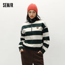 Semir Hoodie Women Winter Half-Zip Stand Collar Puppy Print Oversize Striped Fleece Pullover Layering Retro Warm Casual