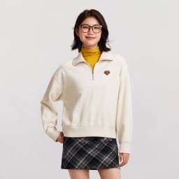 Semir Hoodie Women Winter Half-Zip Stand Collar Puppy Print Oversize Striped Fleece Pullover Layering Retro Warm Casual