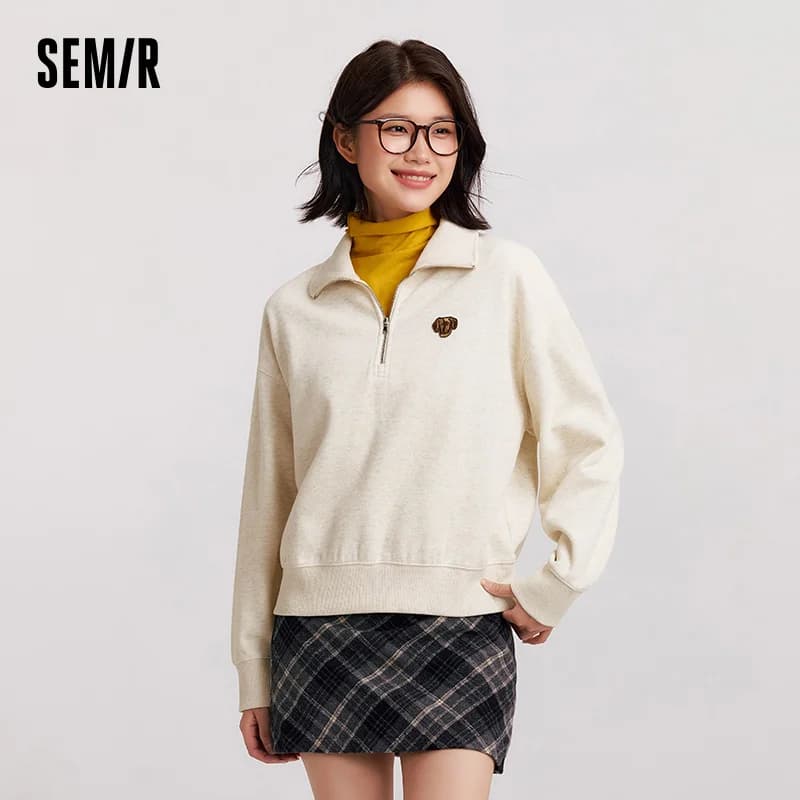 Semir Hoodie Women Winter Half-Zip Stand Collar Puppy Print Oversize Striped Fleece Pullover Layering Retro Warm Casual