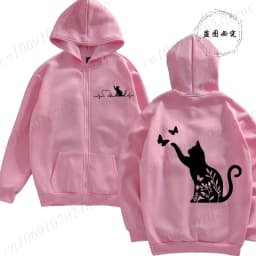 Black Cat Print Women's Fleece Hoodies Zipper Sportwear Sweatshirts Cat Heartbeat Kawaii Zip Up Women Hoodies Hip Hop Streetwear