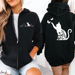 Black Cat Print Women's Fleece Hoodies Zipper Sportwear Sweatshirts Cat Heartbeat Kawaii Zip Up Women Hoodies Hip Hop Streetwear