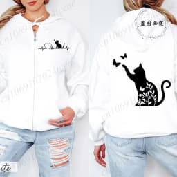 Black Cat Print Women's Fleece Hoodies Zipper Sportwear Sweatshirts Cat Heartbeat Kawaii Zip Up Women Hoodies Hip Hop Streetwear