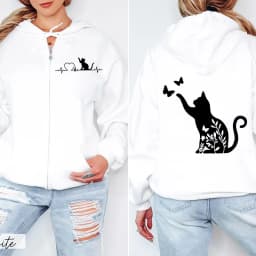 Black Cat Print Women's Fleece Hoodies Zipper Sportwear Sweatshirts Cat Heartbeat Kawaii Zip Up Women Hoodies Hip Hop Streetwear